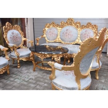 Barokowy Komplet Wypoczynkowy Wypoczynek w Kwiaty - Sofa + 4 Fotele + Stół