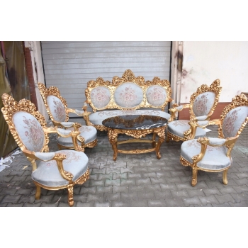 Barokowy Komplet Wypoczynkowy Wypoczynek w Kwiaty - Sofa + 4 Fotele + Stół