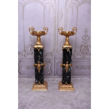 2 Amfory Puchary Wazy Na Postumentach Marmurowych + Brąz Złocony - Komplet