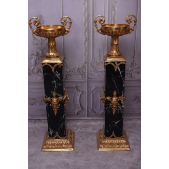 2 Amfory Puchary Wazy Na Postumentach Marmurowych + Brąz Złocony - Komplet