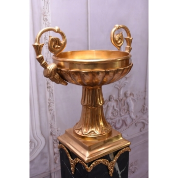 2 Amfory Puchary Wazy Na Postumentach Marmurowych + Brąz Złocony - Komplet