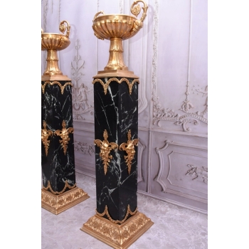 2 Amfory Puchary Wazy Na Postumentach Marmurowych + Brąz Złocony - Komplet