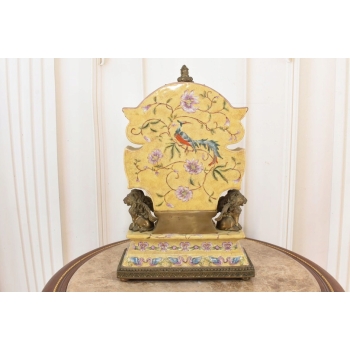 Zegar Kominkowy Stojący Porcelana + Brąz Skrzydlate Lwy - Sygnowany