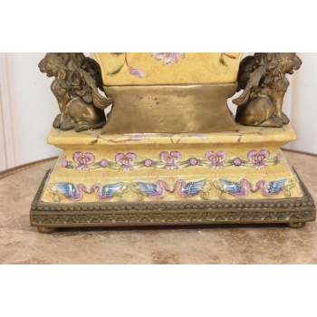 Zegar Kominkowy Stojący Porcelana + Brąz Skrzydlate Lwy - Sygnowany