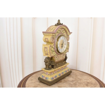 Zegar Kominkowy Stojący Porcelana + Brąz Skrzydlate Lwy - Sygnowany