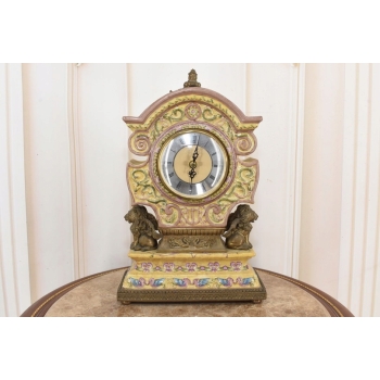 Zegar Kominkowy Stojący Porcelana + Brąz Skrzydlate Lwy - Sygnowany