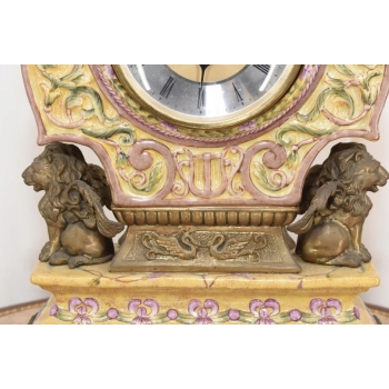 Zegar Kominkowy Stojący Porcelana + Brąz Skrzydlate Lwy - Sygnowany