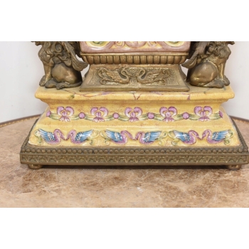 Zegar Kominkowy Stojący Porcelana + Brąz Skrzydlate Lwy - Sygnowany