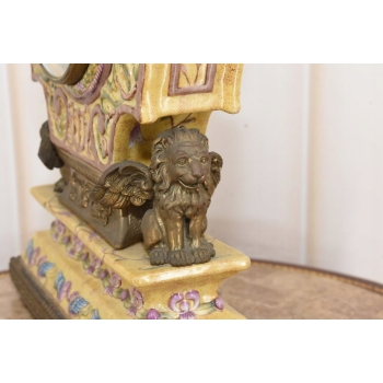 Zegar Kominkowy Stojący Porcelana + Brąz Skrzydlate Lwy - Sygnowany