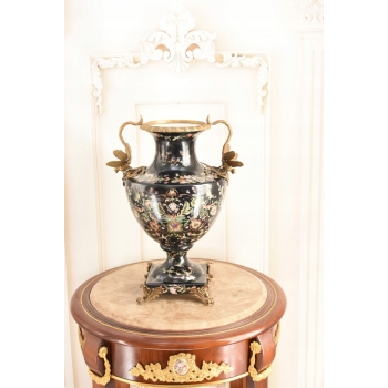 Porcelanowy Czarny Wazon z Ważkami w Kwiaty - Sygnowany Okuty Brązem