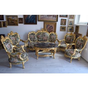 GOBELIN Arystokracja Barokowy Komplet Wypoczynek - Sofa + 4 Fotele + Stół
