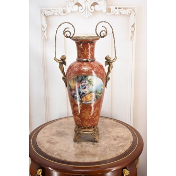 Porcelanowy Czerwony Wazon Waza - Aniołki Amory - Porcelana + Brąz
