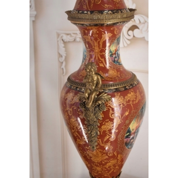 Porcelanowa Czerwona Waza Amfora GRAJĄCE AMORY - Porcelana + Brąz 78cm