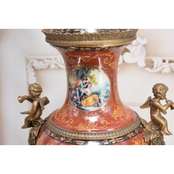 Porcelanowa Czerwona Waza Amfora GRAJĄCE AMORY - Porcelana + Brąz 78cm