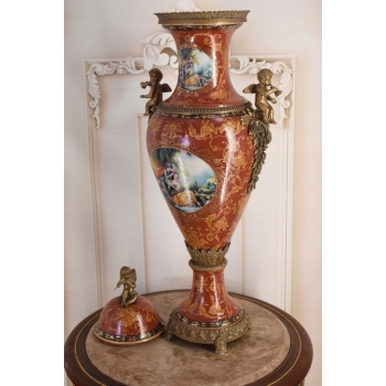 Porcelanowa Czerwona Waza Amfora GRAJĄCE AMORY - Porcelana + Brąz 78cm