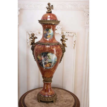 Porcelanowa Czerwona Waza Amfora GRAJĄCE AMORY - Porcelana + Brąz 78cm