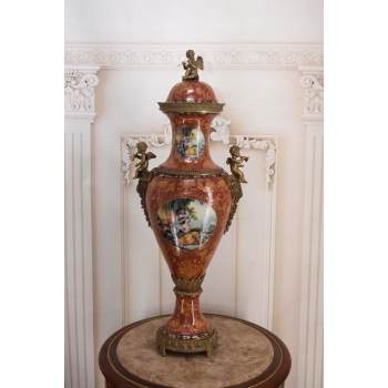 Porcelanowa Czerwona Waza Amfora GRAJĄCE AMORY - Porcelana + Brąz 78cm