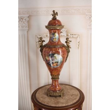 Porcelanowa Czerwona Waza Amfora GRAJĄCE AMORY - Porcelana + Brąz 78cm