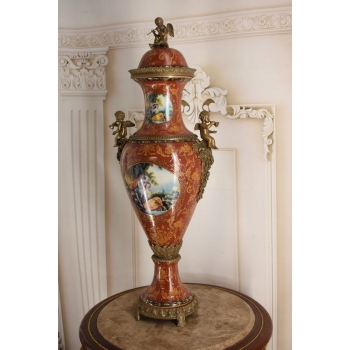 Porcelanowa Czerwona Waza Amfora GRAJĄCE AMORY - Porcelana + Brąz 78cm