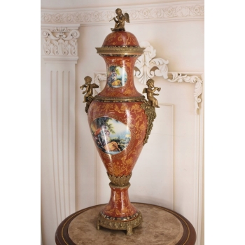 Porcelanowa Czerwona Waza Amfora GRAJĄCE AMORY - Porcelana + Brąz 78cm