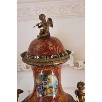 Porcelanowa Czerwona Waza Amfora GRAJĄCE AMORY - Porcelana + Brąz 78cm