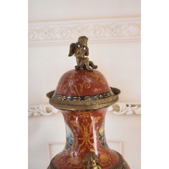 Porcelanowa Czerwona Waza Amfora GRAJĄCE AMORY - Porcelana + Brąz 78cm
