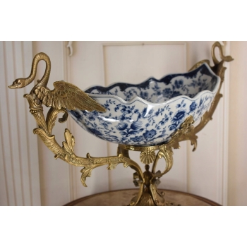 Niebieska Porcelanowa Wielka Patera - Porcelana + Brąz - Łabędzie Figurki