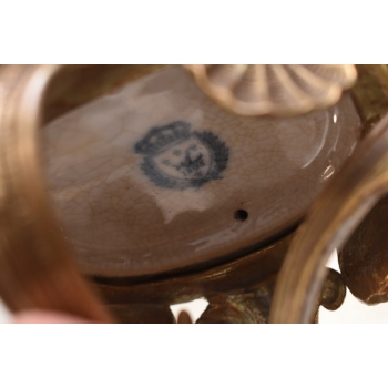 Niebieska Porcelanowa Wielka Patera - Porcelana + Brąz - Łabędzie Figurki