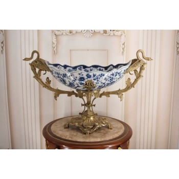 Niebieska Porcelanowa Wielka Patera - Porcelana + Brąz - Łabędzie Figurki