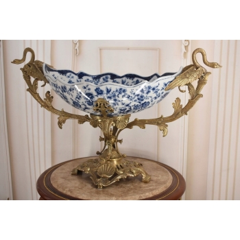 Niebieska Porcelanowa Wielka Patera - Porcelana + Brąz - Łabędzie Figurki