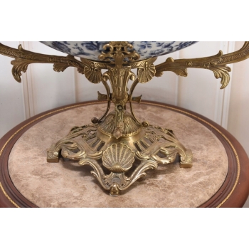 Niebieska Porcelanowa Wielka Patera - Porcelana + Brąz - Łabędzie Figurki