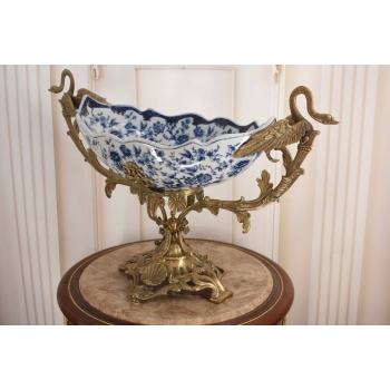 Niebieska Porcelanowa Wielka Patera - Porcelana + Brąz - Łabędzie Figurki