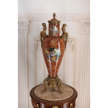GIGA Porcelanowa Czerwona Waza Amfora GRAJĄCE AMORY - Porcelana + Brąz 80cm