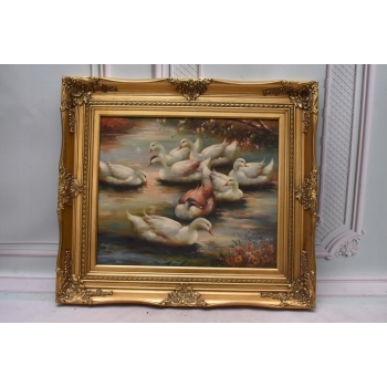 Rodzina Kaczek - Pływające Kaczki Kaczka - Złota Rama - Obraz Olejny 83x73