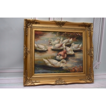 Rodzina Kaczek - Pływające Kaczki Kaczka - Złota Rama - Obraz Olejny 83x73