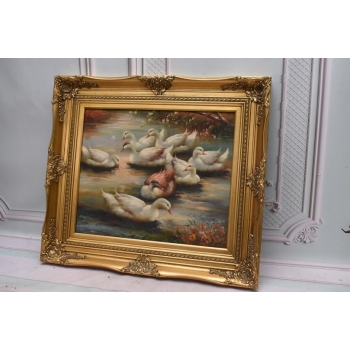 Rodzina Kaczek - Pływające Kaczki Kaczka - Złota Rama - Obraz Olejny 83x73