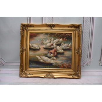 Rodzina Kaczek - Pływające Kaczki Kaczka - Złota Rama - Obraz Olejny 83x73