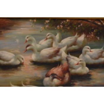 Rodzina Kaczek - Pływające Kaczki Kaczka - Złota Rama - Obraz Olejny 83x73