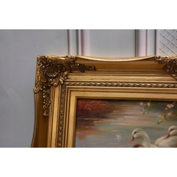 Rodzina Kaczek - Pływające Kaczki Kaczka - Złota Rama - Obraz Olejny 83x73