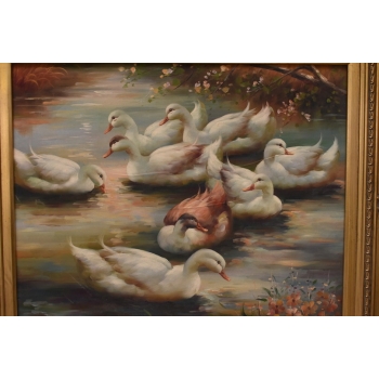 Rodzina Kaczek - Pływające Kaczki Kaczka - Złota Rama - Obraz Olejny 83x73