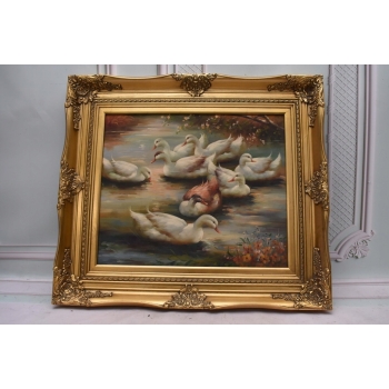 Rodzina Kaczek - Pływające Kaczki Kaczka - Złota Rama - Obraz Olejny 83x73