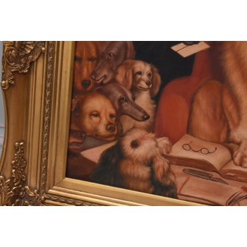 Śmieszne Psy Pies - Pies Nauczyciel - Złota Rama - Obraz Olejny 83x73