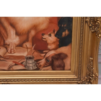 Śmieszne Psy Pies - Pies Nauczyciel - Złota Rama - Obraz Olejny 83x73