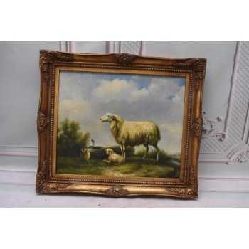 Rodzina Owiec - Owca - Złota Rama - Obraz Olejny 71x61
