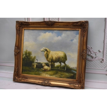 Rodzina Owiec - Owca - Złota Rama - Obraz Olejny 71x61