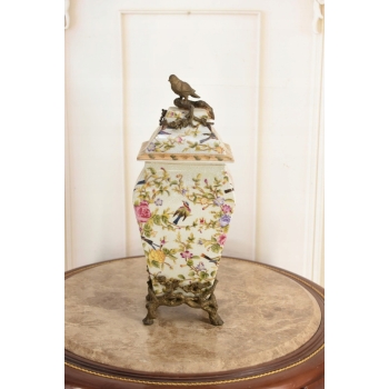 Porcelanowa Amfora - Puchar Waza - Porcelana + Brąz - Ptaszek