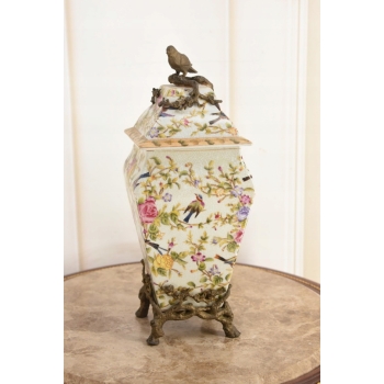 Porcelanowa Amfora - Puchar Waza - Porcelana + Brąz - Ptaszek