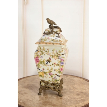 Porcelanowa Amfora - Puchar Waza - Porcelana + Brąz - Ptaszek