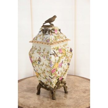 Porcelanowa Amfora - Puchar Waza - Porcelana + Brąz - Ptaszek