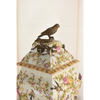 Porcelanowa Amfora - Puchar Waza - Porcelana + Brąz - Ptaszek